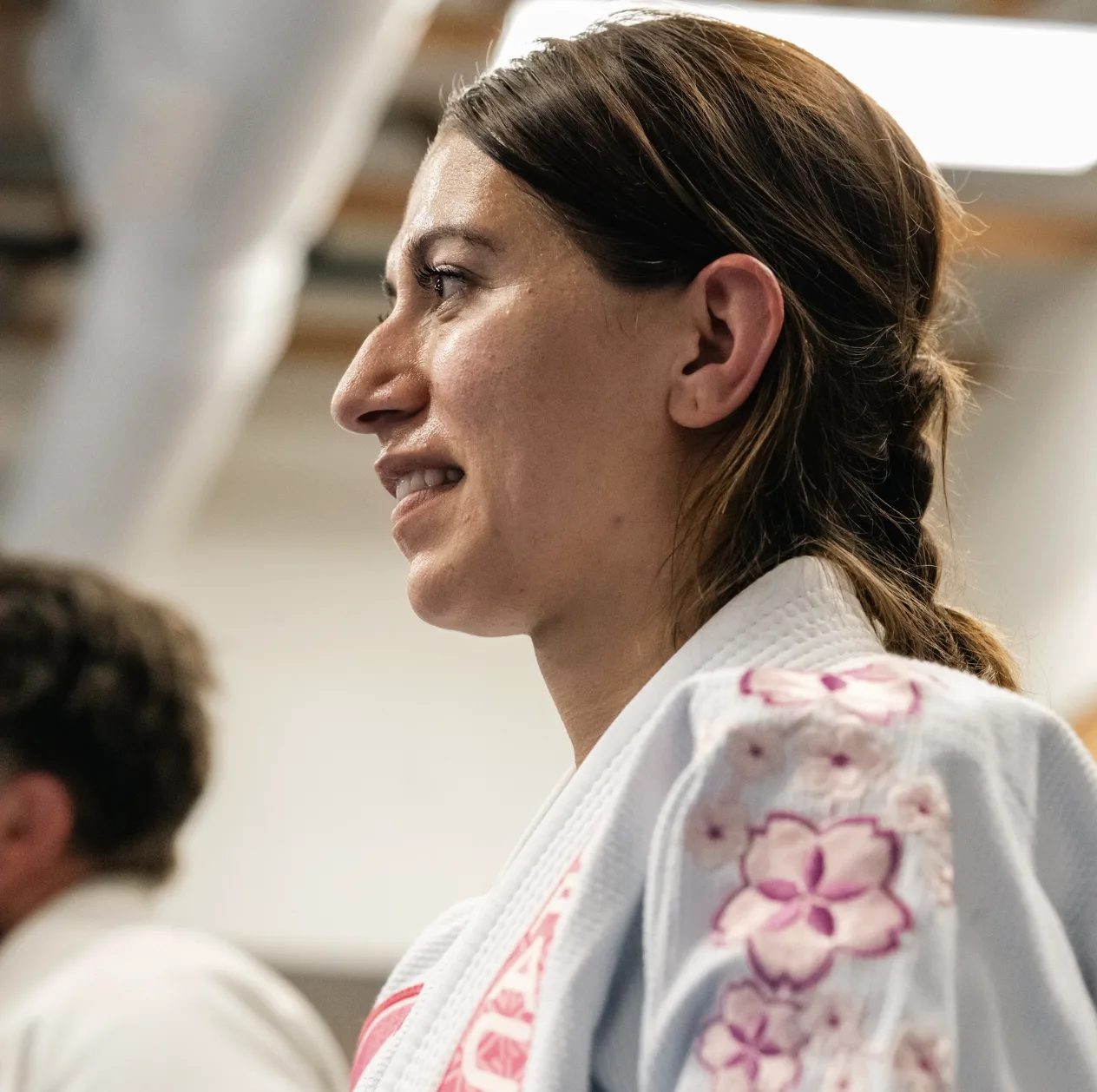 Gracie Barra women's Jiu-Jitsu student in a floral gi